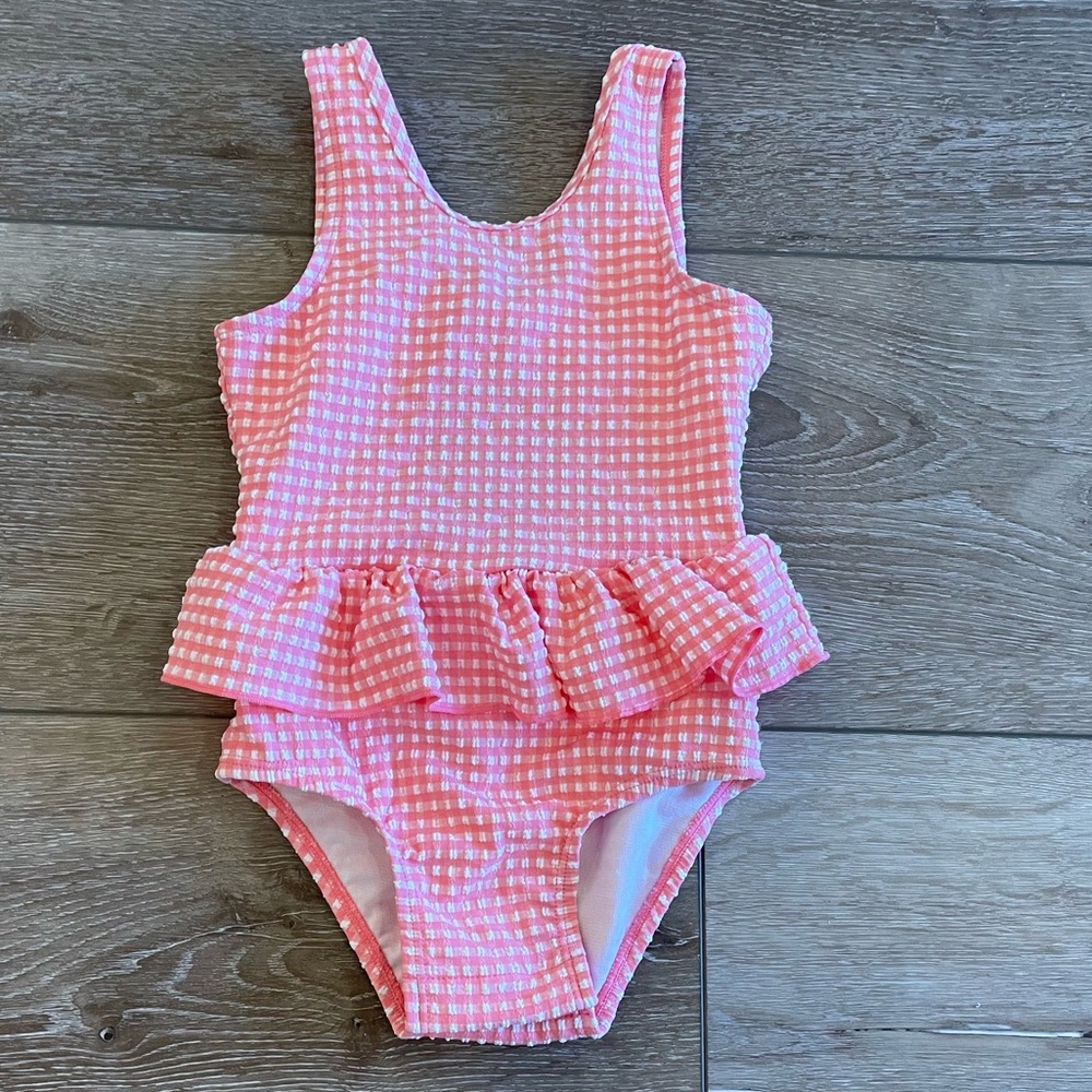 Pink Plaid Ruffle Swimsuit With Back Bow